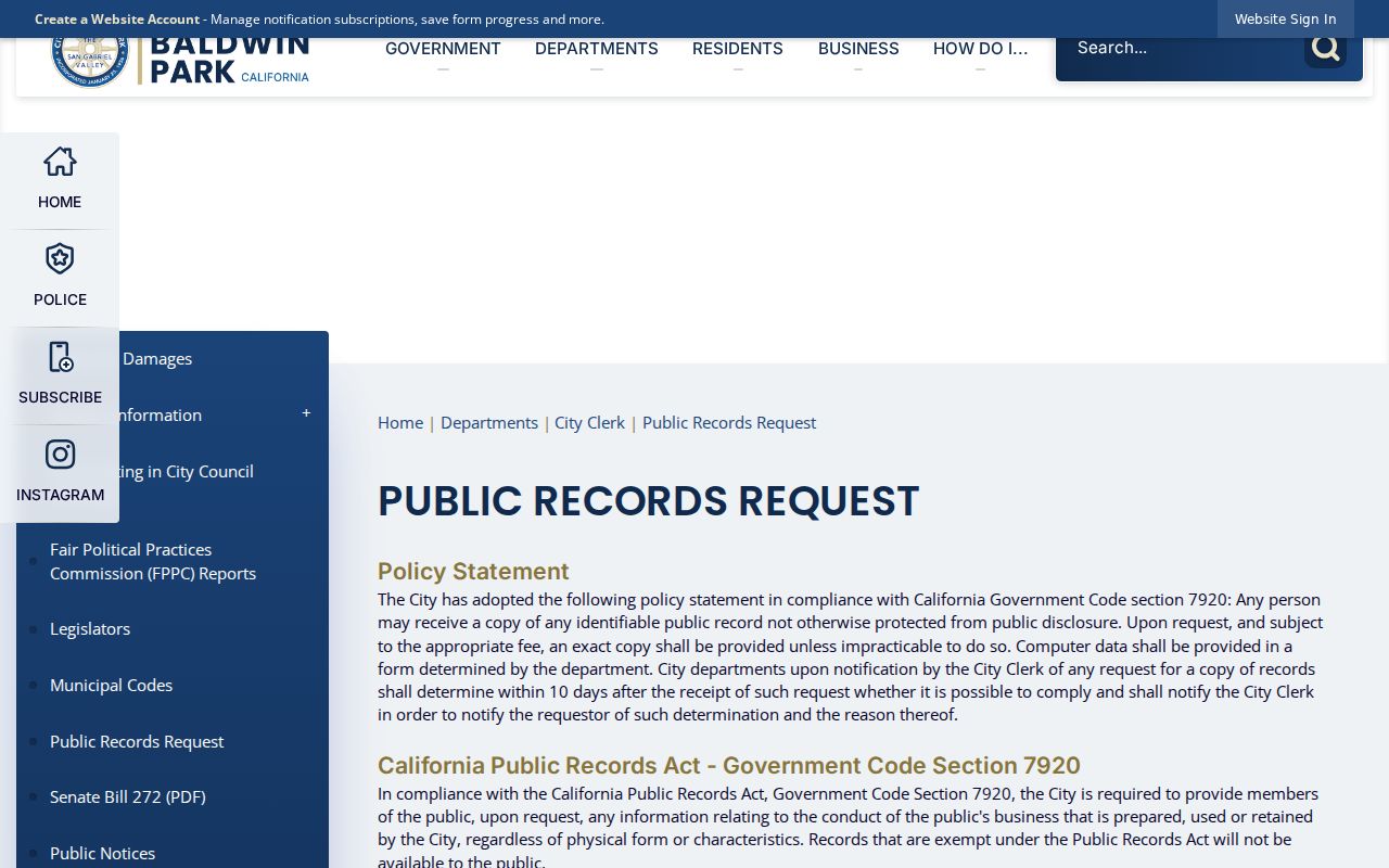 Baldwin Park residents directory public records request