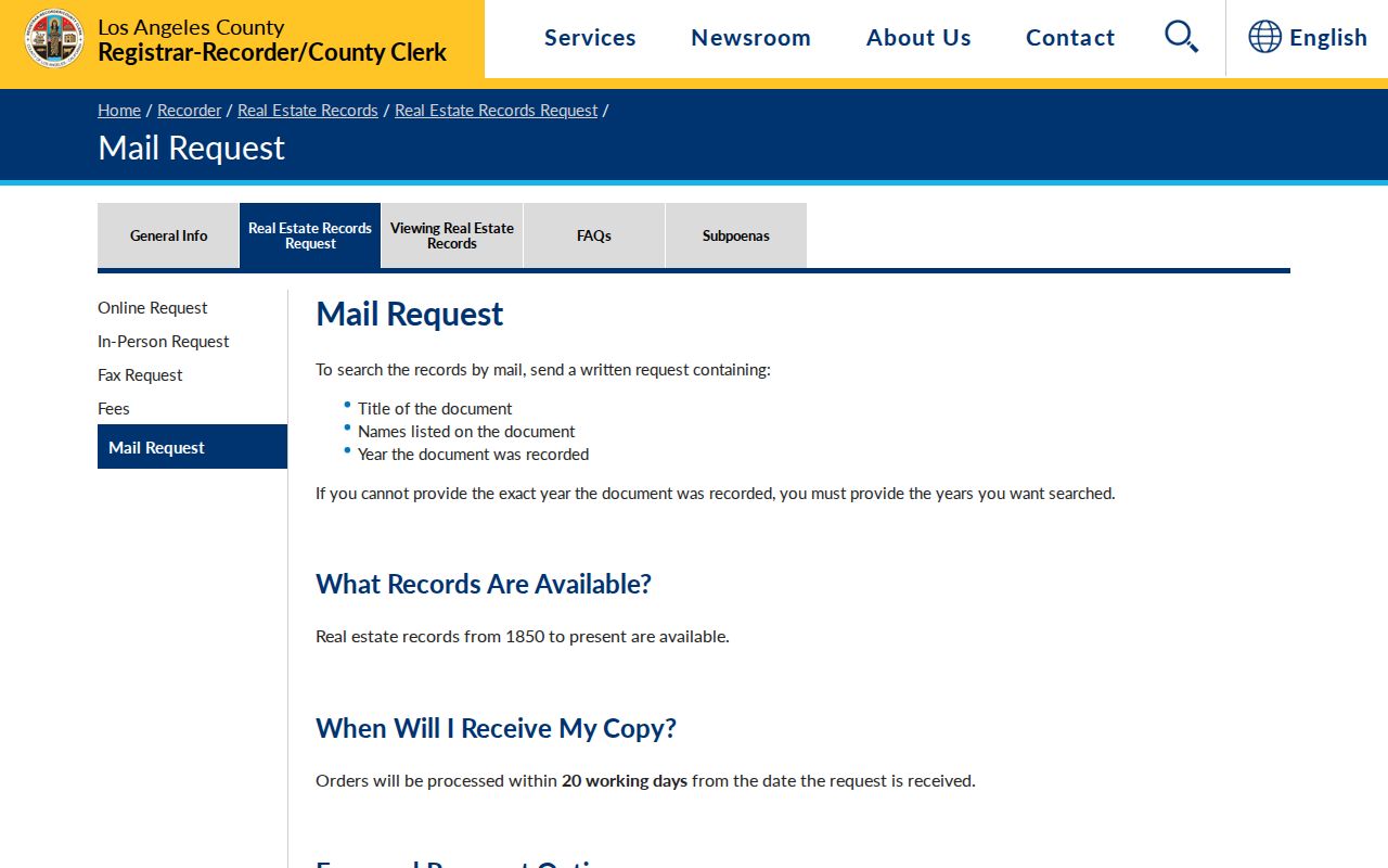 Baldwin Park previous residents recorder mail request instructions