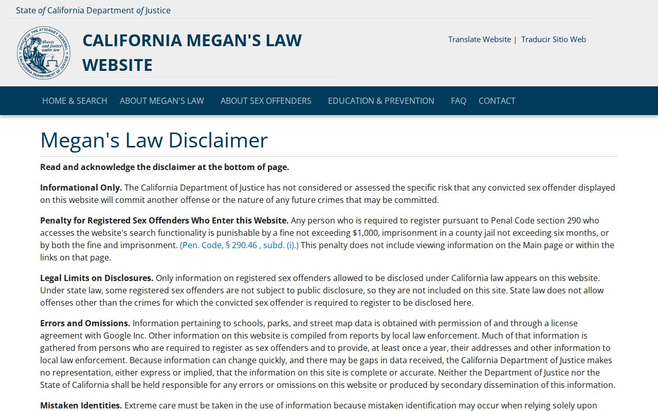 Baldwin Park resident lookup view of the California Megan's Law search