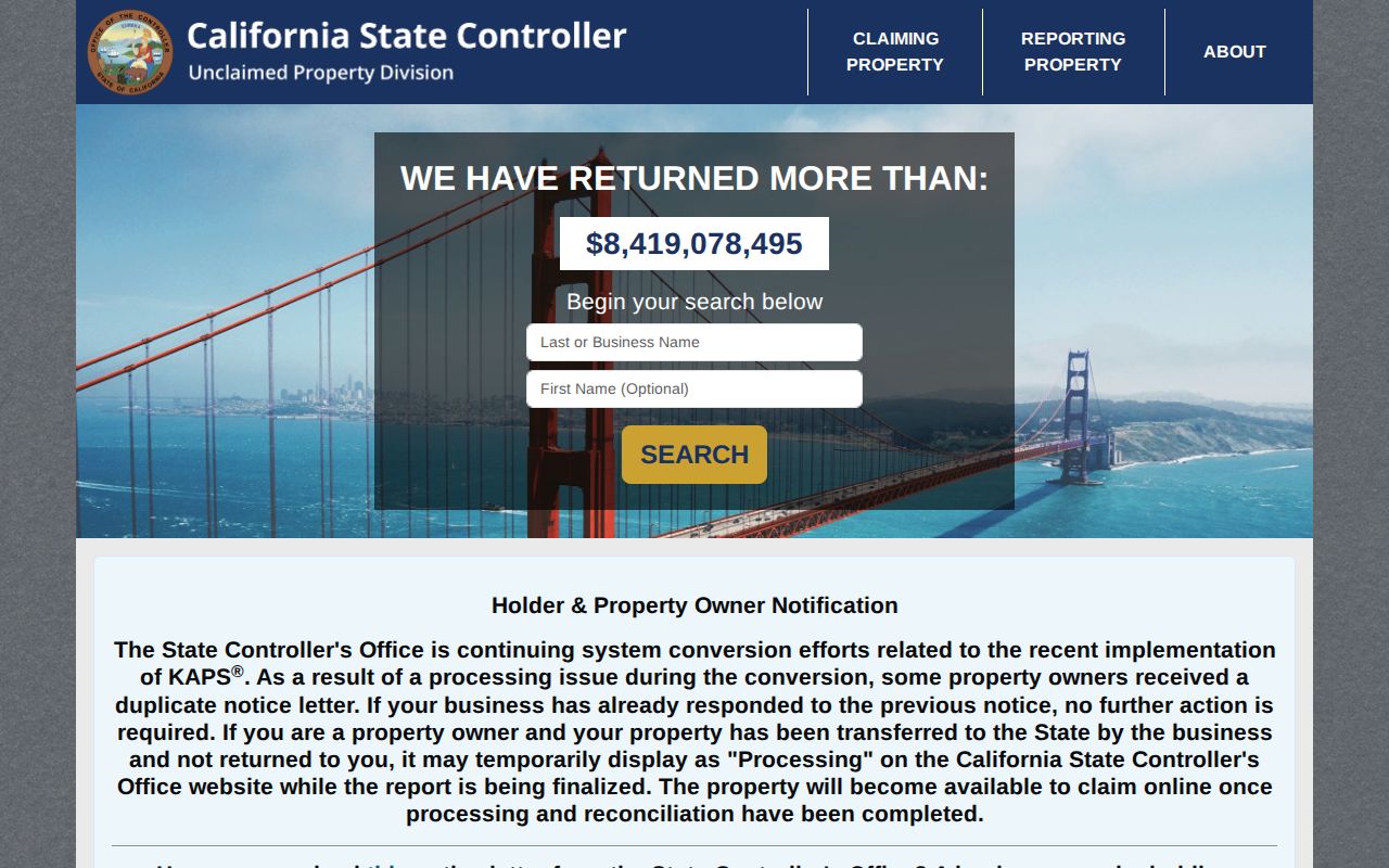 Baldwin Park resident lookup view of the California unclaimed property search