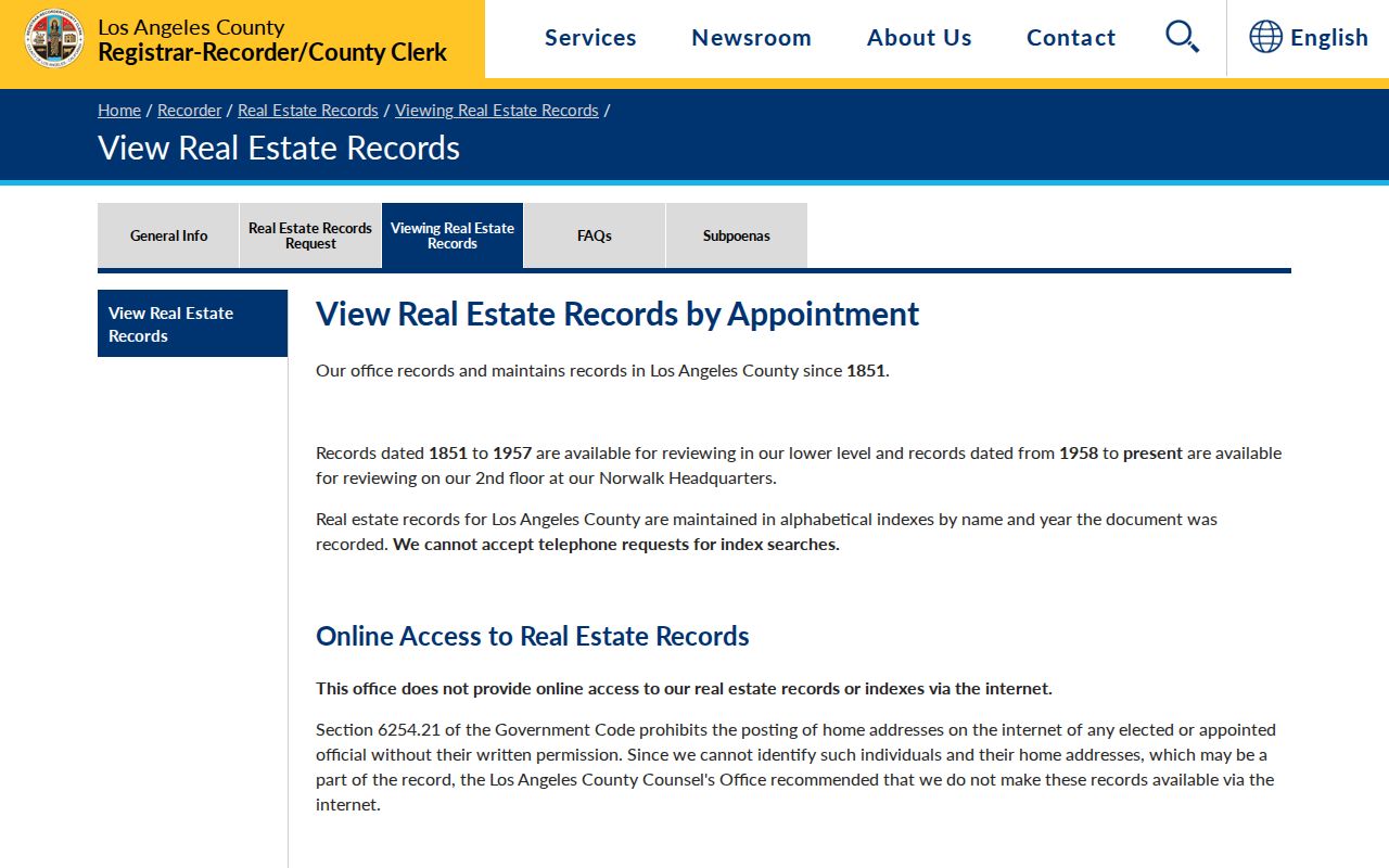 Baldwin Park street directory recorder index access notice